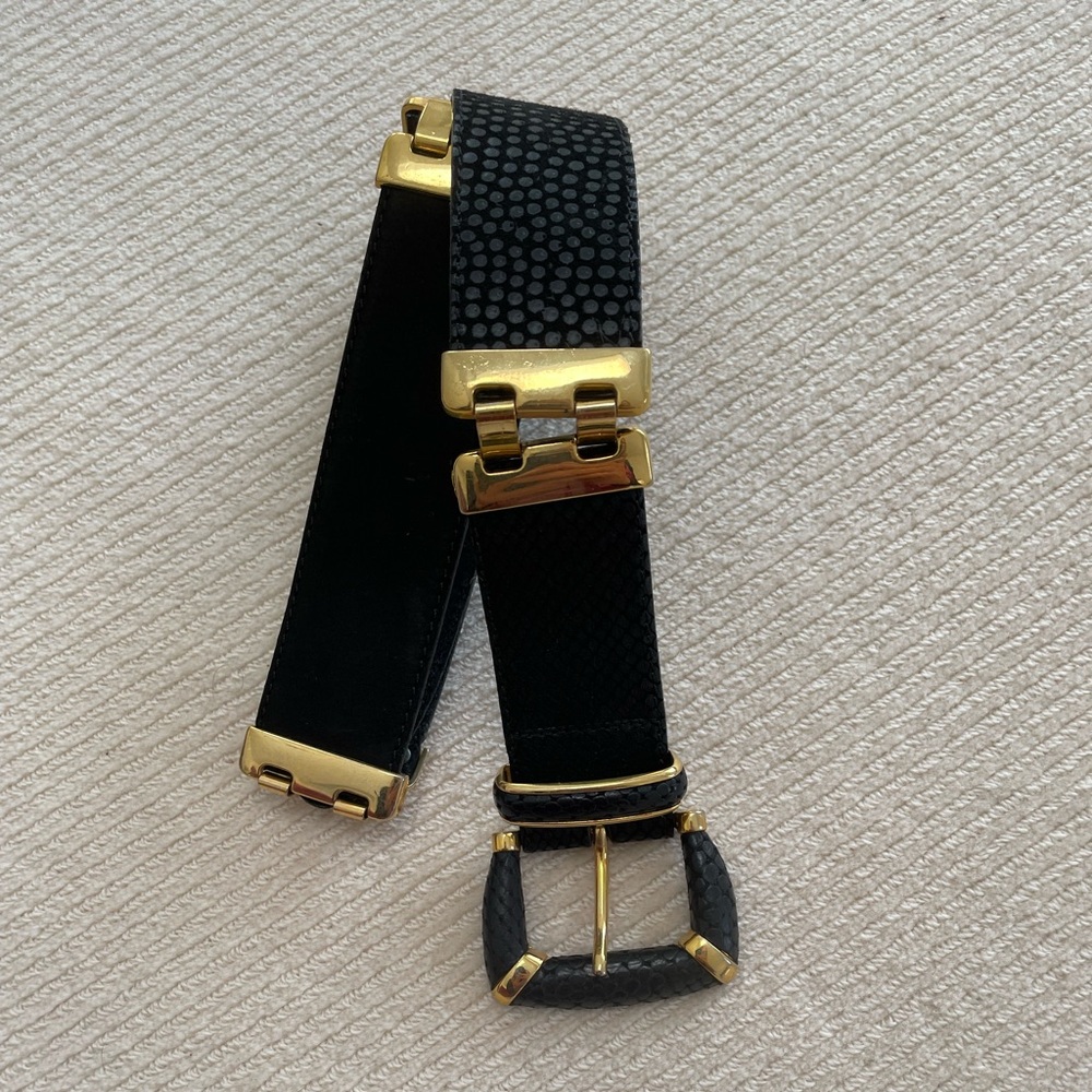 Womens Black Leather Dress Belt With Gold Accent Links